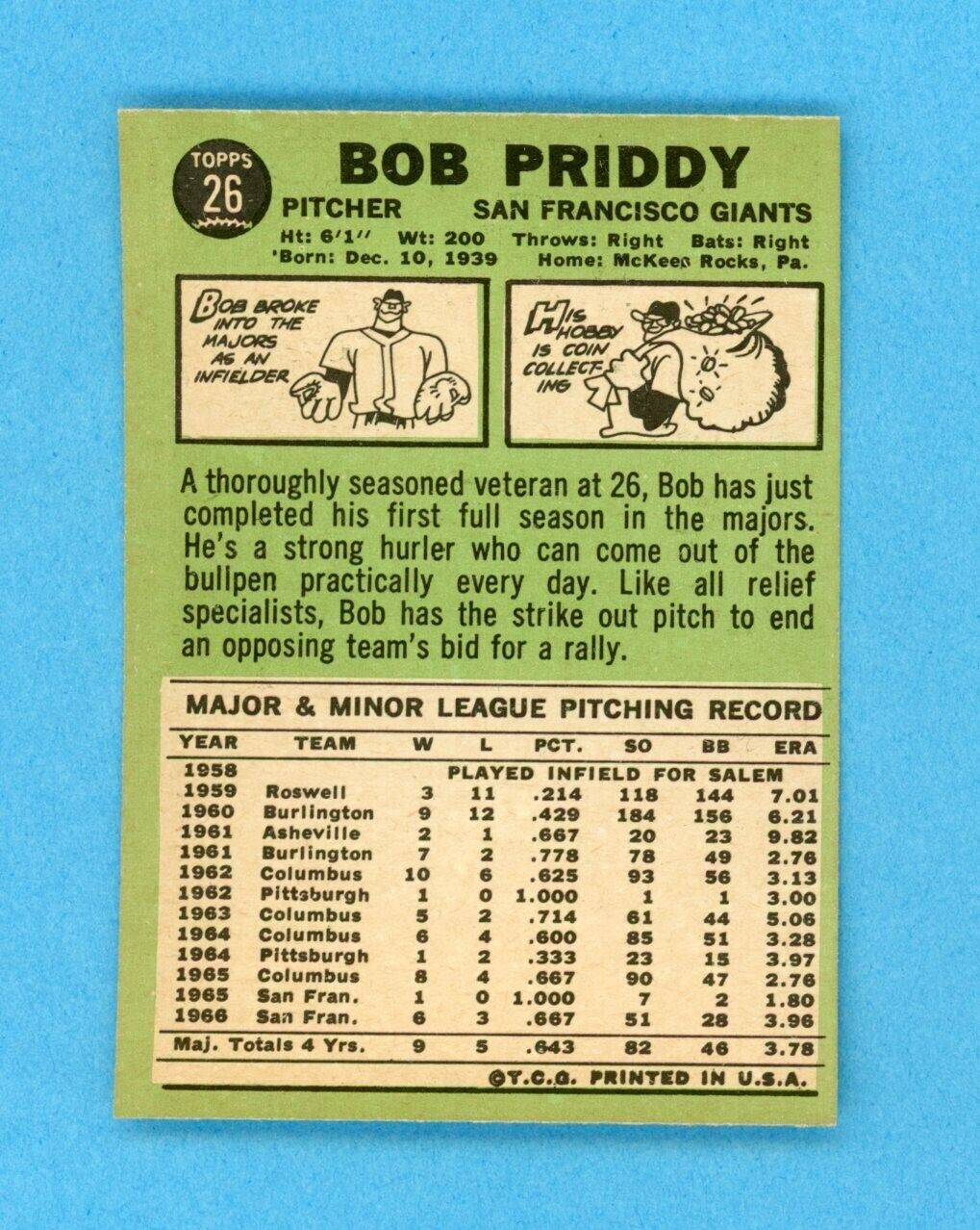 1967 Topps #26 Bob Priddy San Fran Giants Baseball Card NM o/c no trade vari