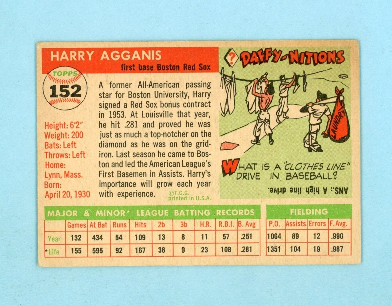 1955 Topps #152 Harry Agganis Boston Red Sox Rookie Baseball Card EX twblc