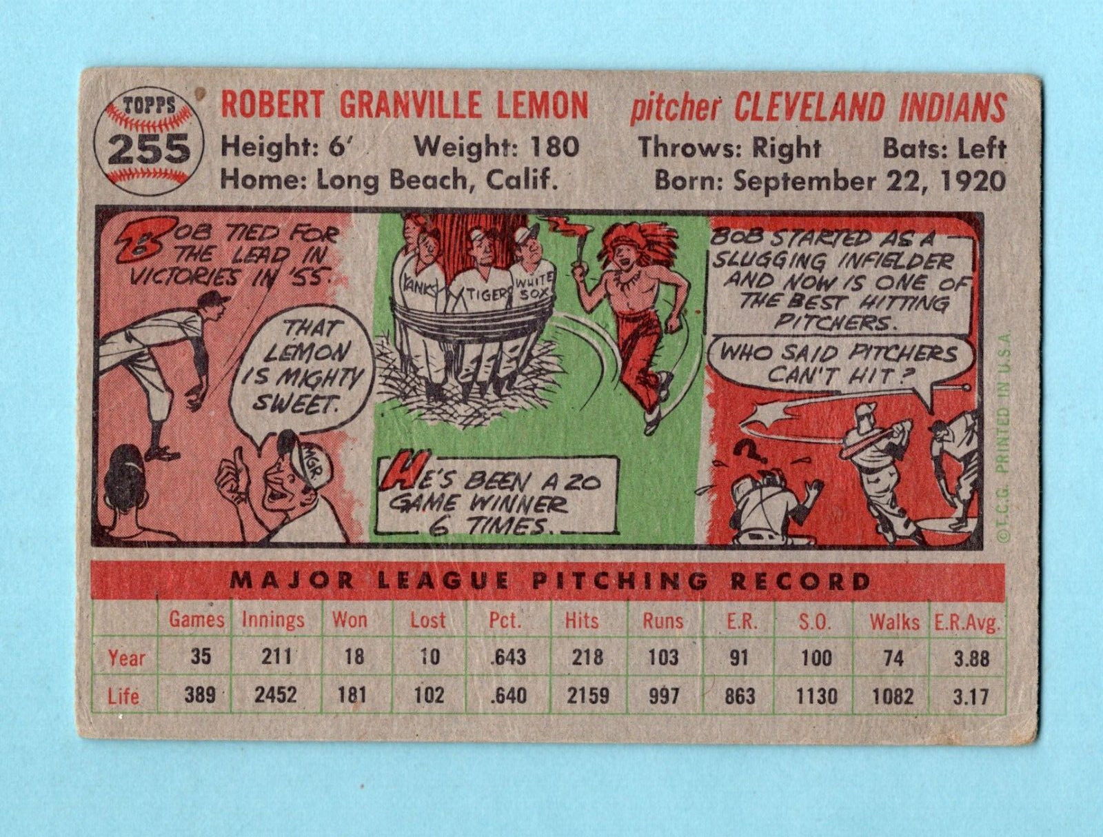 1956 Topps #255 Bob Lemon Cleveland Indians Baseball Card VG - VG+ lt wrks