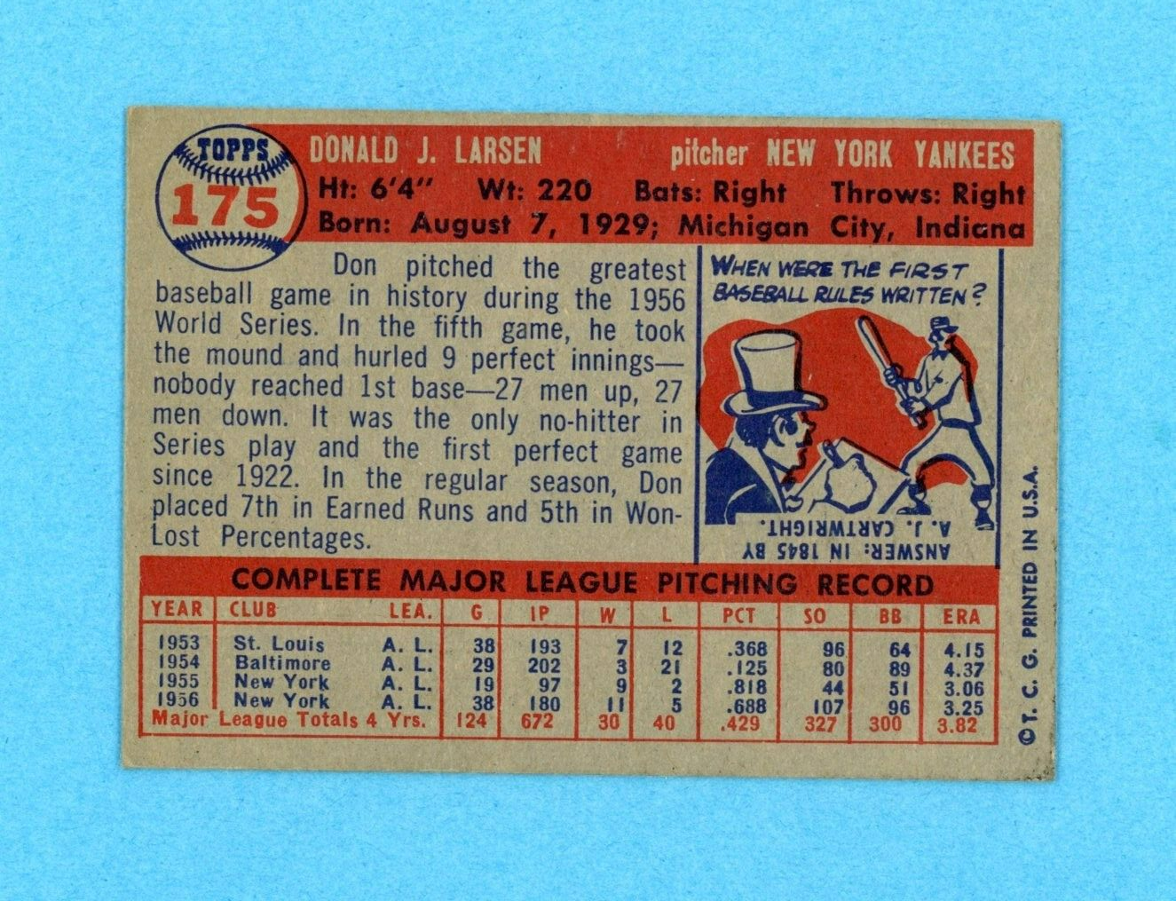 1957 Topps #175 Don Larsen New York Yankees Baseball Card EX