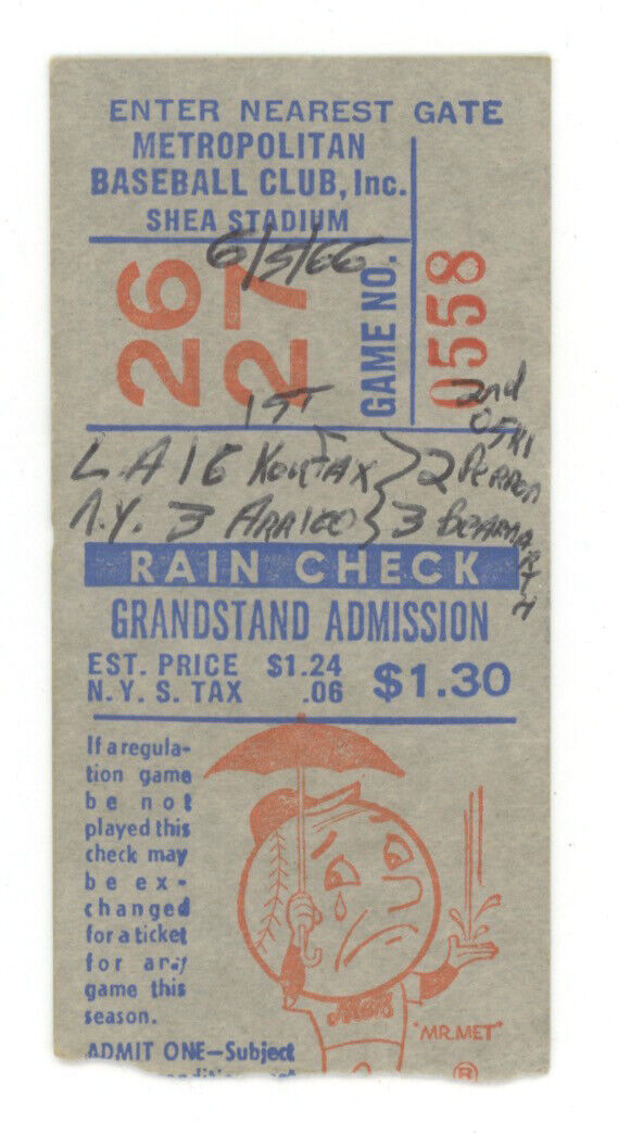 6/5/66 • Sandy Koufax Win , 9 Ks & 2 Hits! • LA Dodgers vs N.Y. Mets Ticket Stub