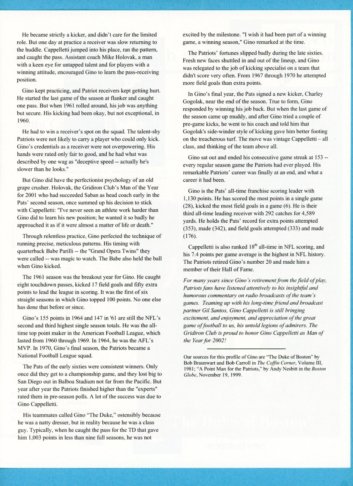 October 25, 2002 The Gridiron Club of Greater Boston Dinner Gino Cappelletti