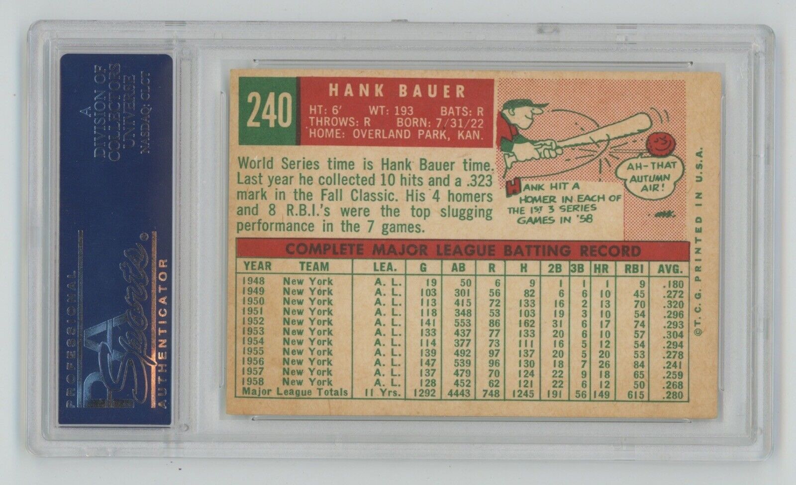 Hank Bauer 1959 Topps Card #240 PSA 6 EX-MT