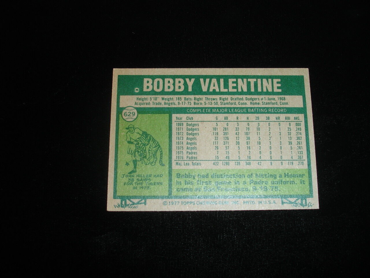 1977 Topps Bobby Valentine San Diego Padres Autographed Baseball Card-#629