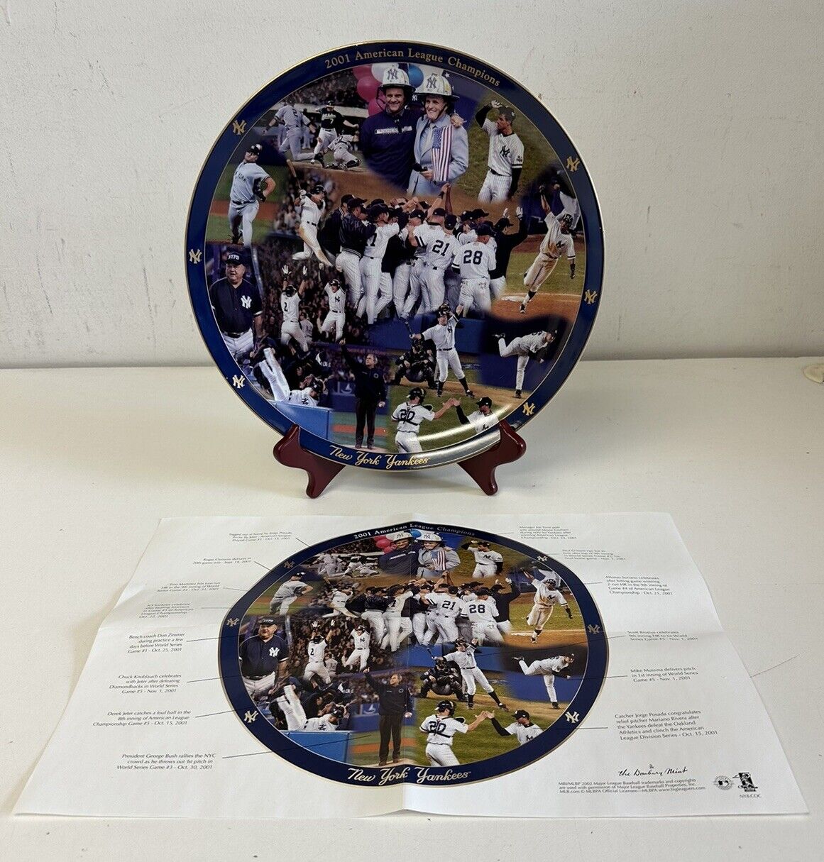 2001 NY Yankees American League Champions 12” Danbury Mint Collectors Plate - NM