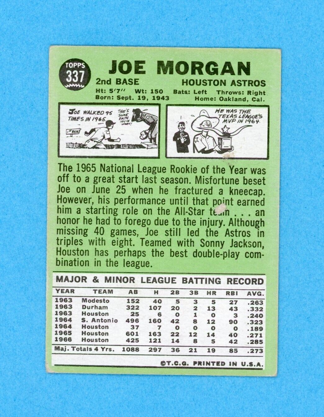 Joe Morgan Signed 1967 Topps Card #337 Auto with B&E Hologram