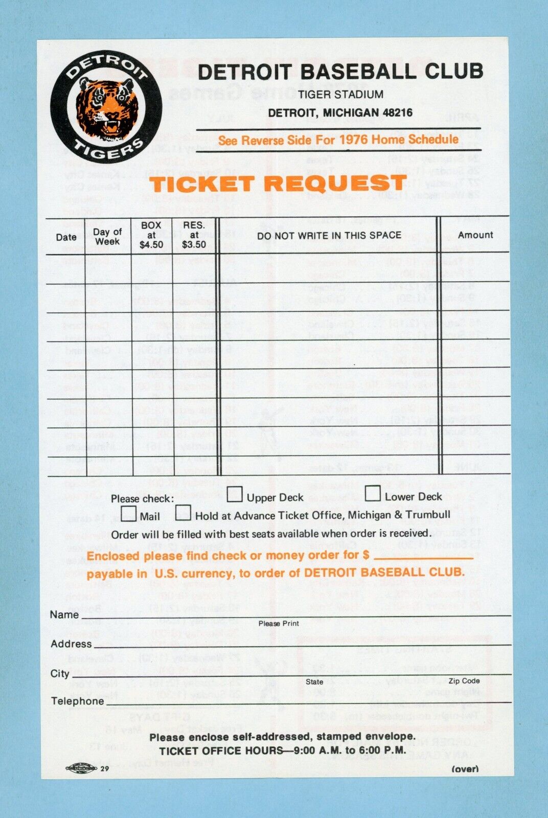 1976 Detroit Tigers Home Schedule & Ticket Request Form Sheet