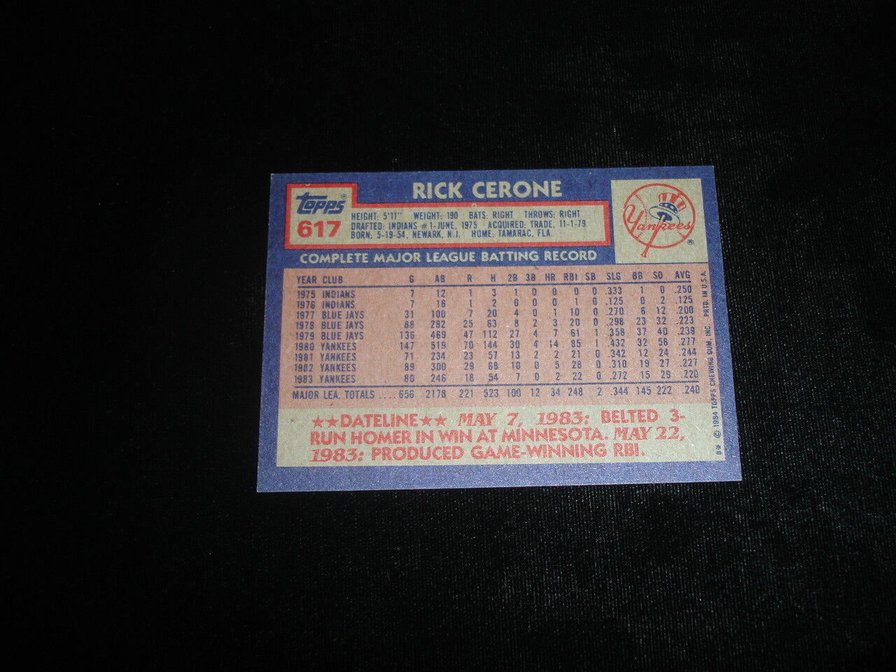 1984 Topps Rick Cerone NY Yankees Autographed Baseball Card-#617-NM