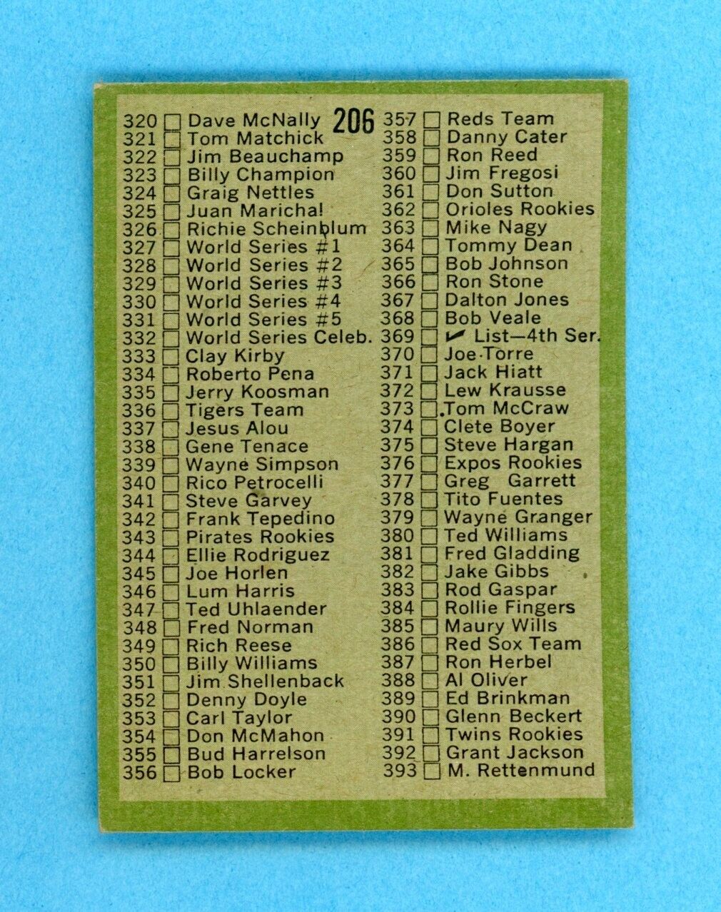 1971 Topps #206 3rd Series Checklist Baseball Card EX+ - EX++ unchecked