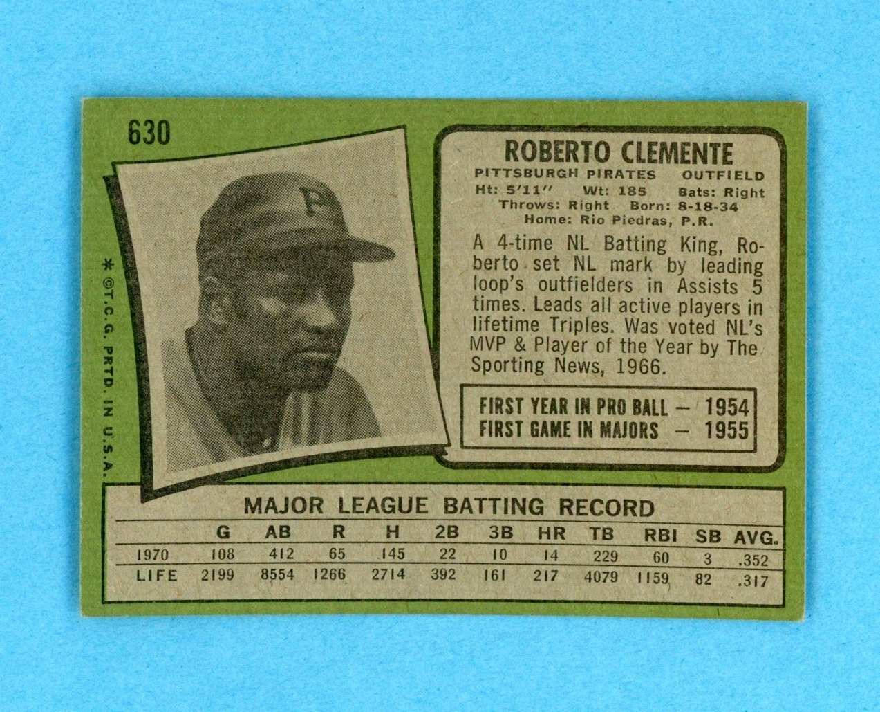 1971 Topps #630 Roberto Clemente Pittsburgh Pirates Baseball Card EX - EX+