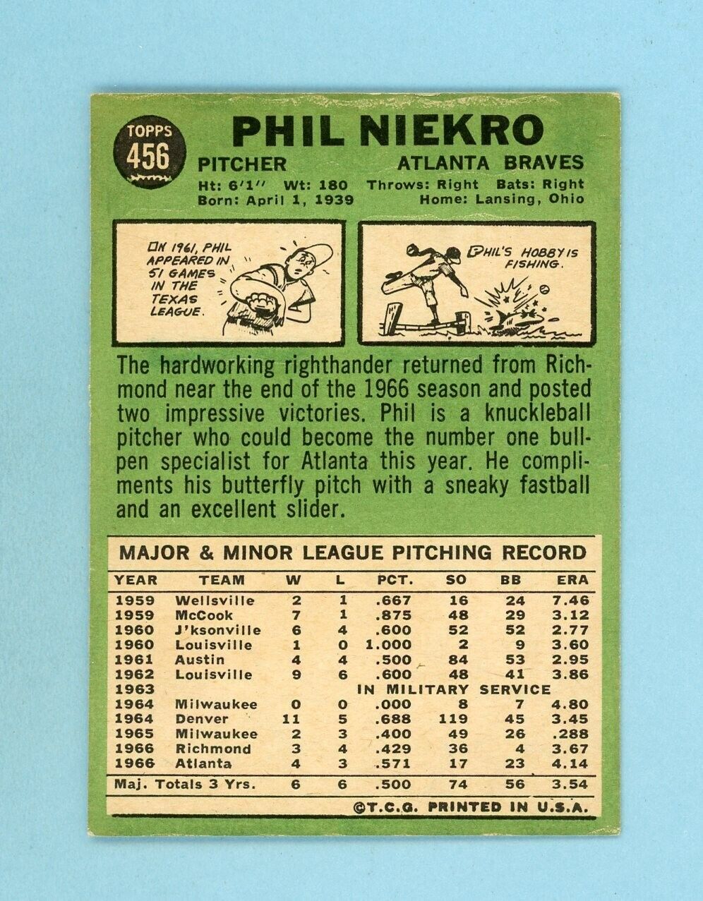 1967 Topps #456 Phil Niekro Atlanta Braves Baseball Card Ex/Mt