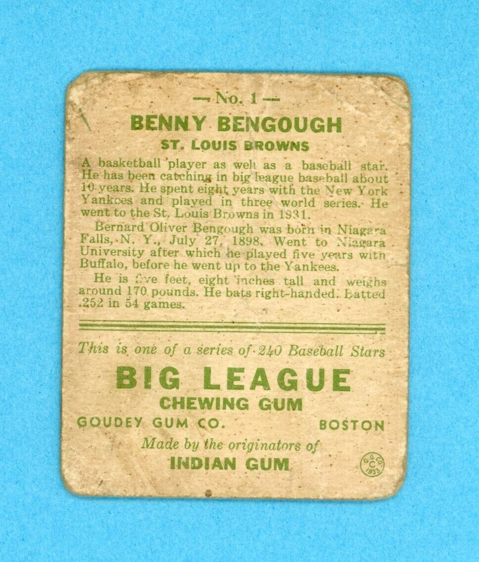 1933 Goudey #1 Benny Bengough St. Louis Browns Rookie Baseball Card Low Grade