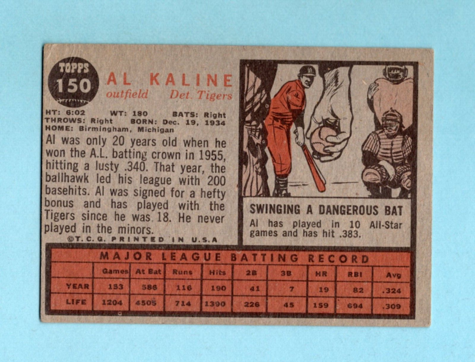 1962 Topps #150 Al Kaline Detroit Tigers Baseball Card Vg/Ex ap wrks ft