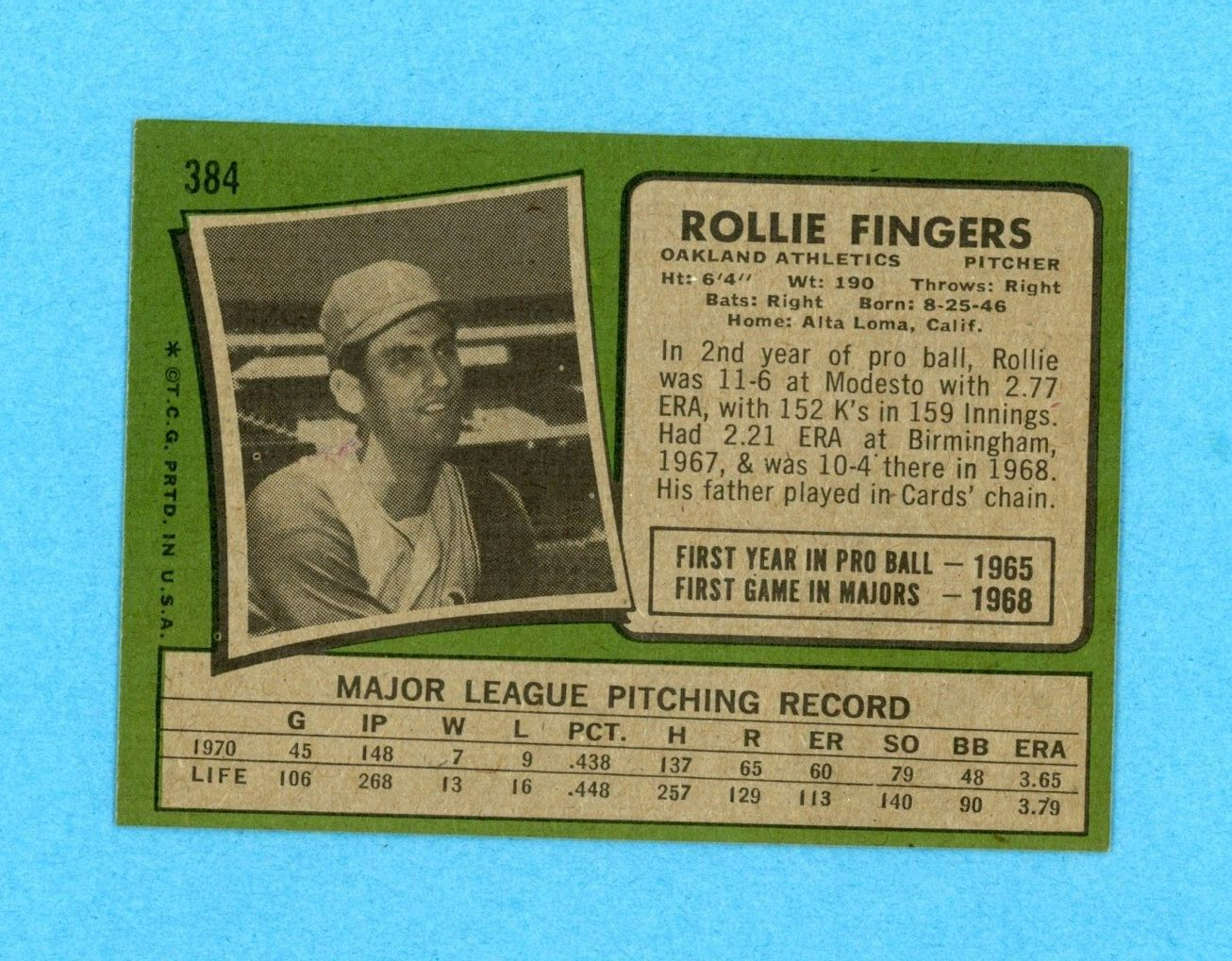 1971 Topps #384 Rollie Fingers Oakland Athletics Baseball Card Ex/Mt