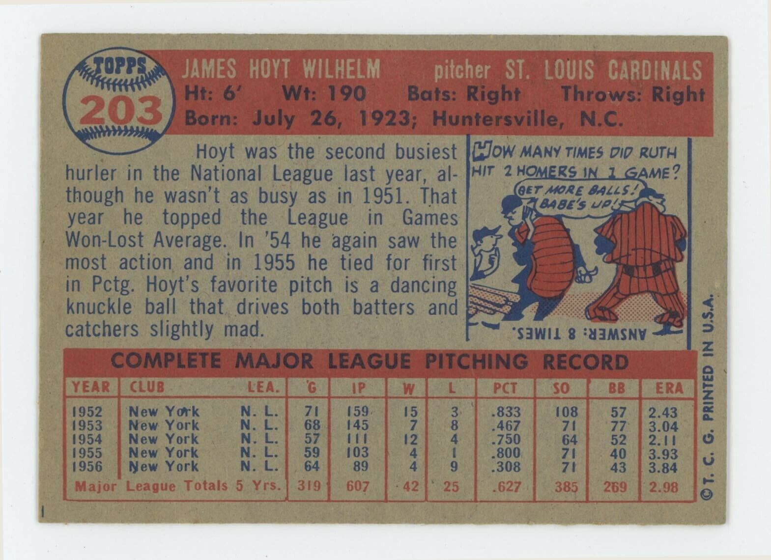 1957 Topps #203 Hoyt Wilhelm St. Louis Cardinals Baseball Card Ex/Mt app inds at