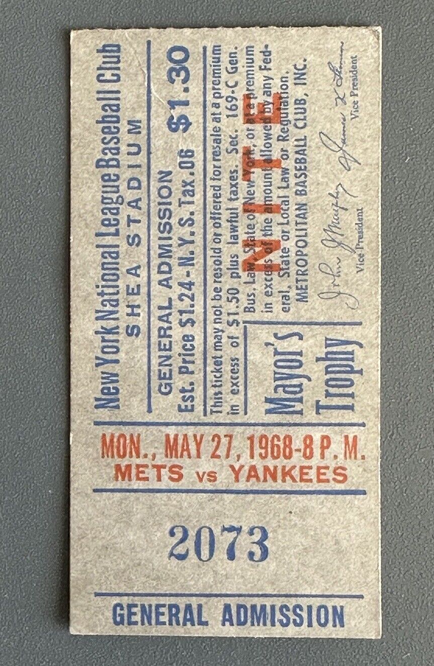 May 27, 1968 New York Mets Ticket Stub vs Yankees @ Shea - Mayor’s Trophy Game