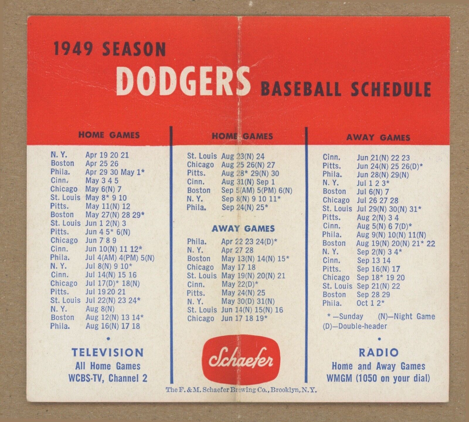 1954 Brooklyn Dodgers Pocket Schedule VG-EX