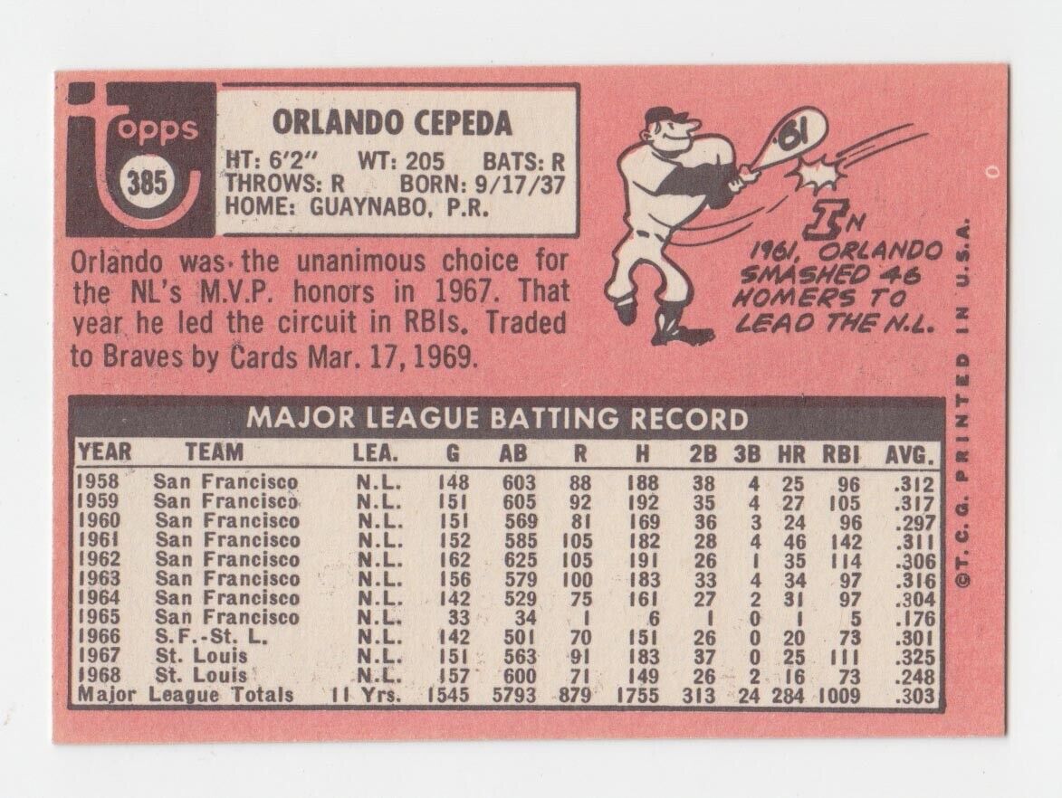 1969 Topps #385 Orlando Cepeda Atlanta Braves Baseball Card NM o/c pm    