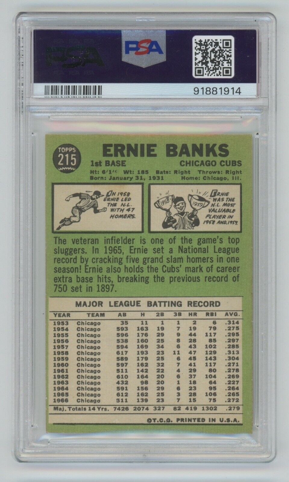 Ernie Banks 1967 Topps Card #215 • PSA 6 EX-MT