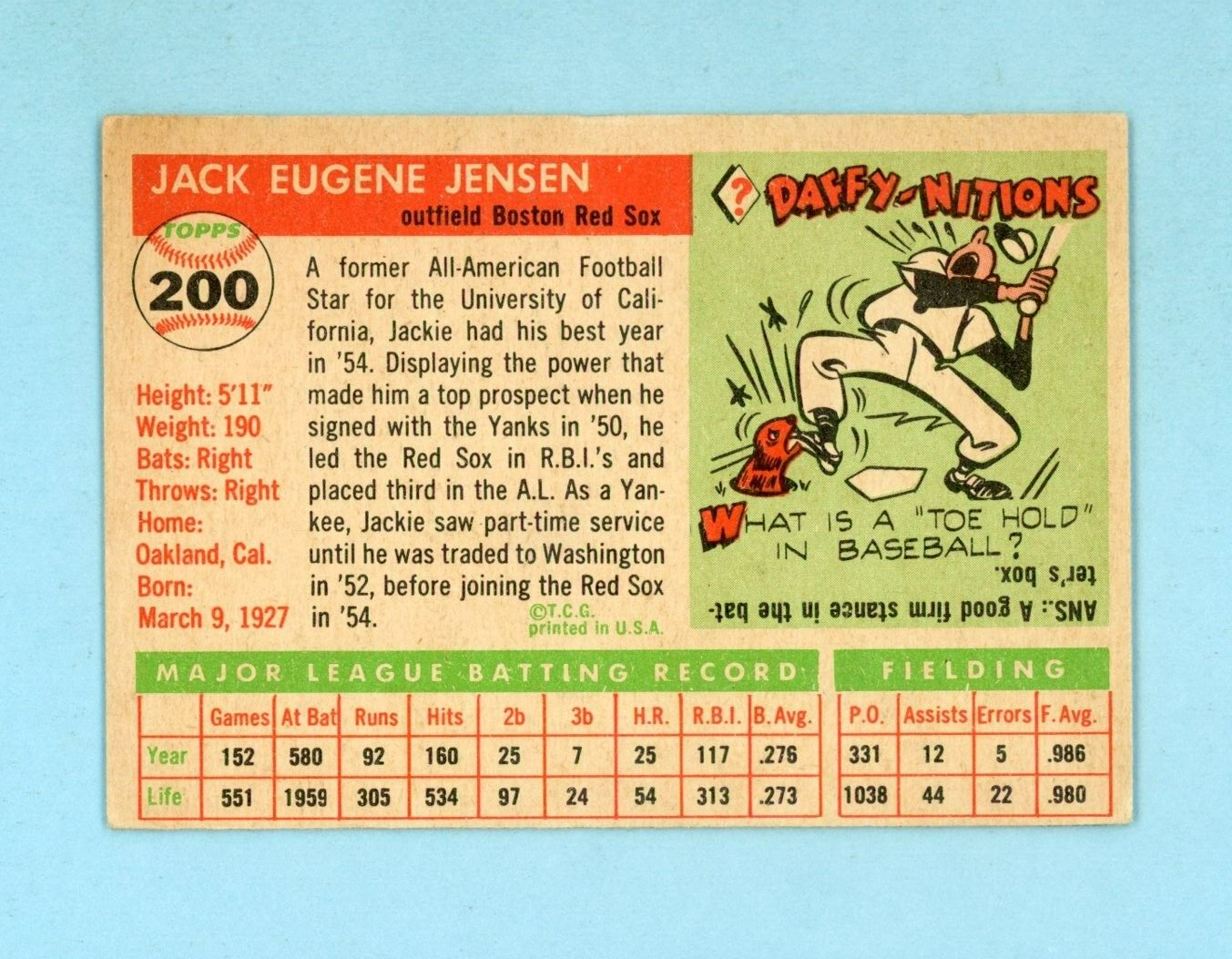 1955 Topps #200 Jackie Jensen Boston Red Sox Baseball Card Ex/Ex+ oc ap inds