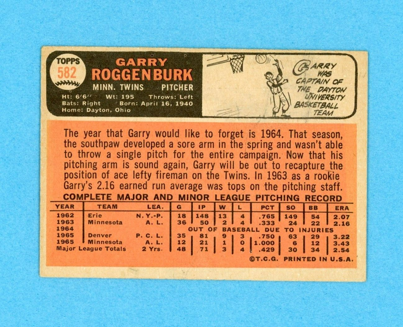 1966 Topps #582 Garry Roggenburk Minn Twins High Number Baseball Card V/E oc fwl