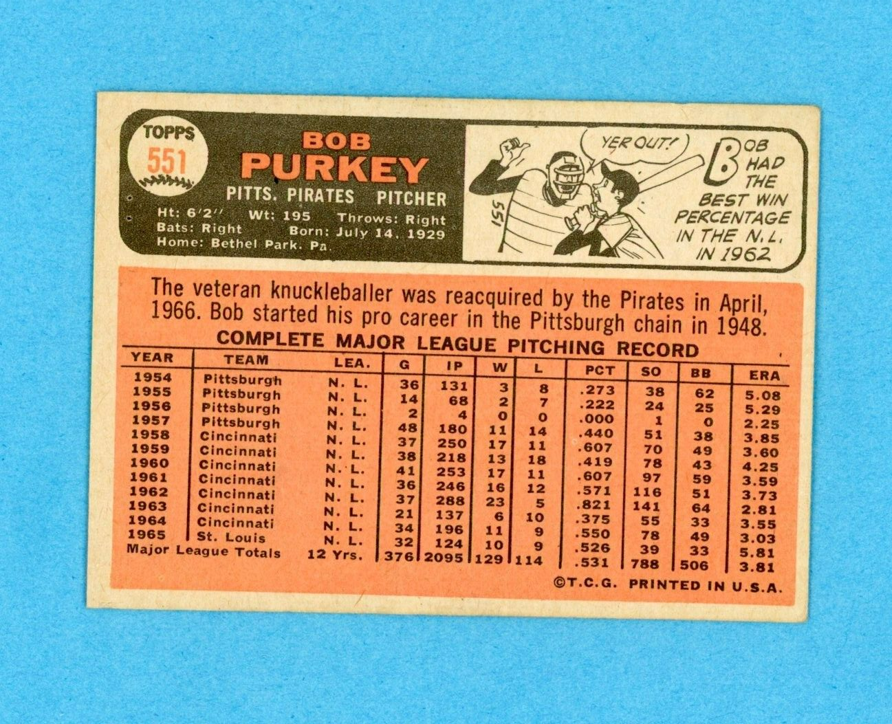 1966 Topps #551 Bob Purkey Pitts Pirates High Number Baseball Card Ex/Ex+ o/c