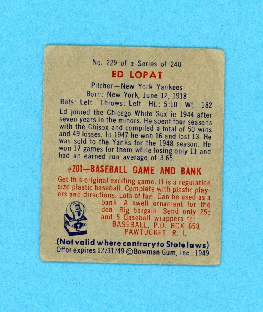 1949 Bowman #229 Ed Lopat New York Yankees Rookie Baseball Card Vg/Ex app w/c