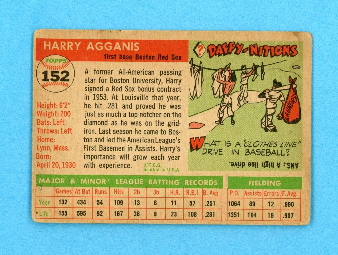 1955 Topps #152 Harry Agganis Boston Red Sox Rookie Baseball Card Low Grade