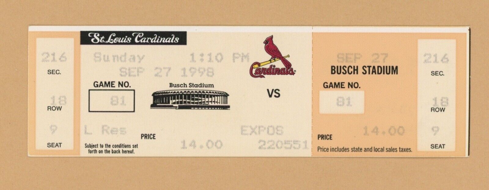 Sept 27, 1998 Full Ticket • Expos vs  Cardinals • McGwire Hits 69th & 70th HRs