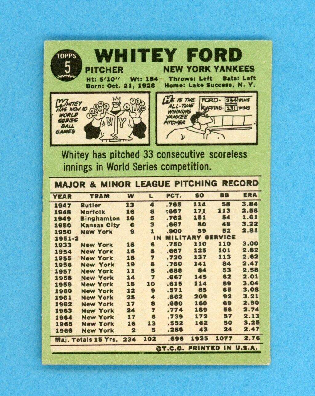 1967 Topps #5 Whitey Ford New York Yankees Baseball Card Ex/Ex+