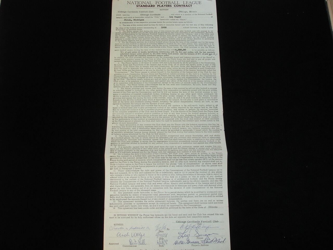 Original 1958 Leo Sugar Chicago Cardinals Signed NFL Players Contract