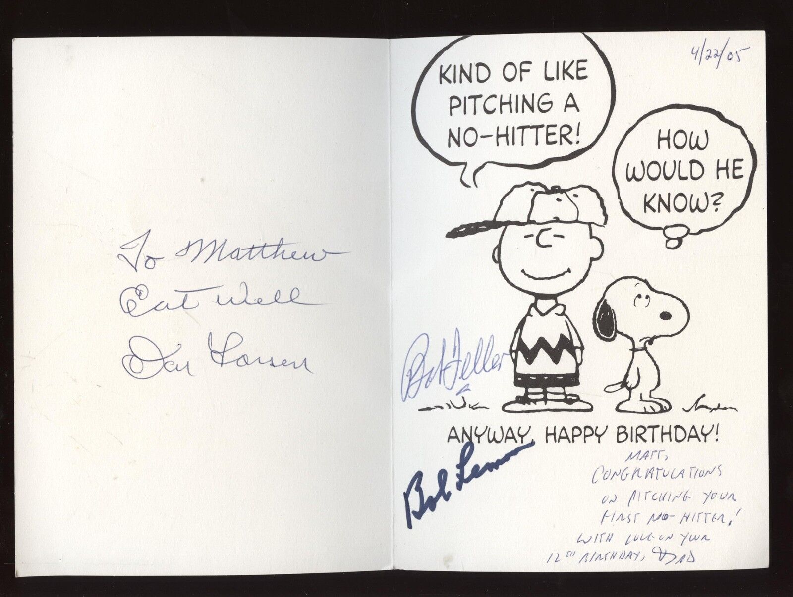 Charlie Brown Greeting Card Autographed Feller Lemon Larsen B & E Hologram