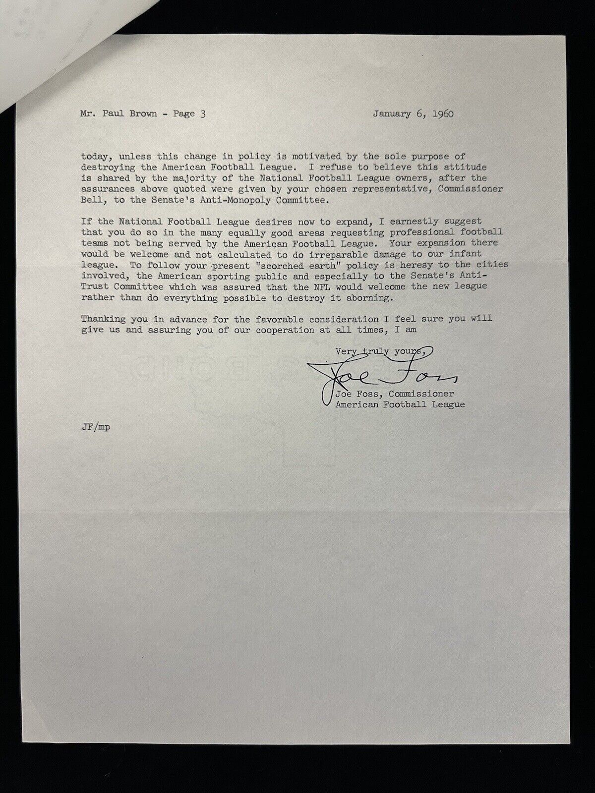 Jan 6 1960 Joe Foss SIGNED AFL 3-Page Letter to NFL Paul Brown re Destroying AFL