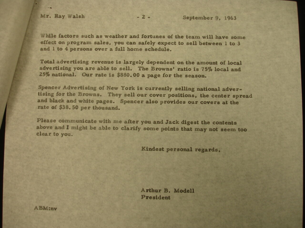 September 9, 1963 New York Giants Letter to Ray Walsh