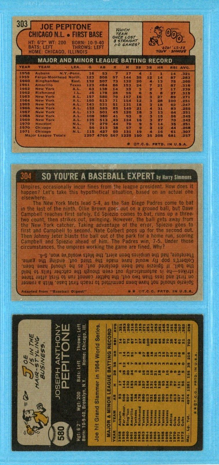 1963 thru 1973 Topps Lot of 12 Diff Joe Pepitone Baseball Cards mixed grades