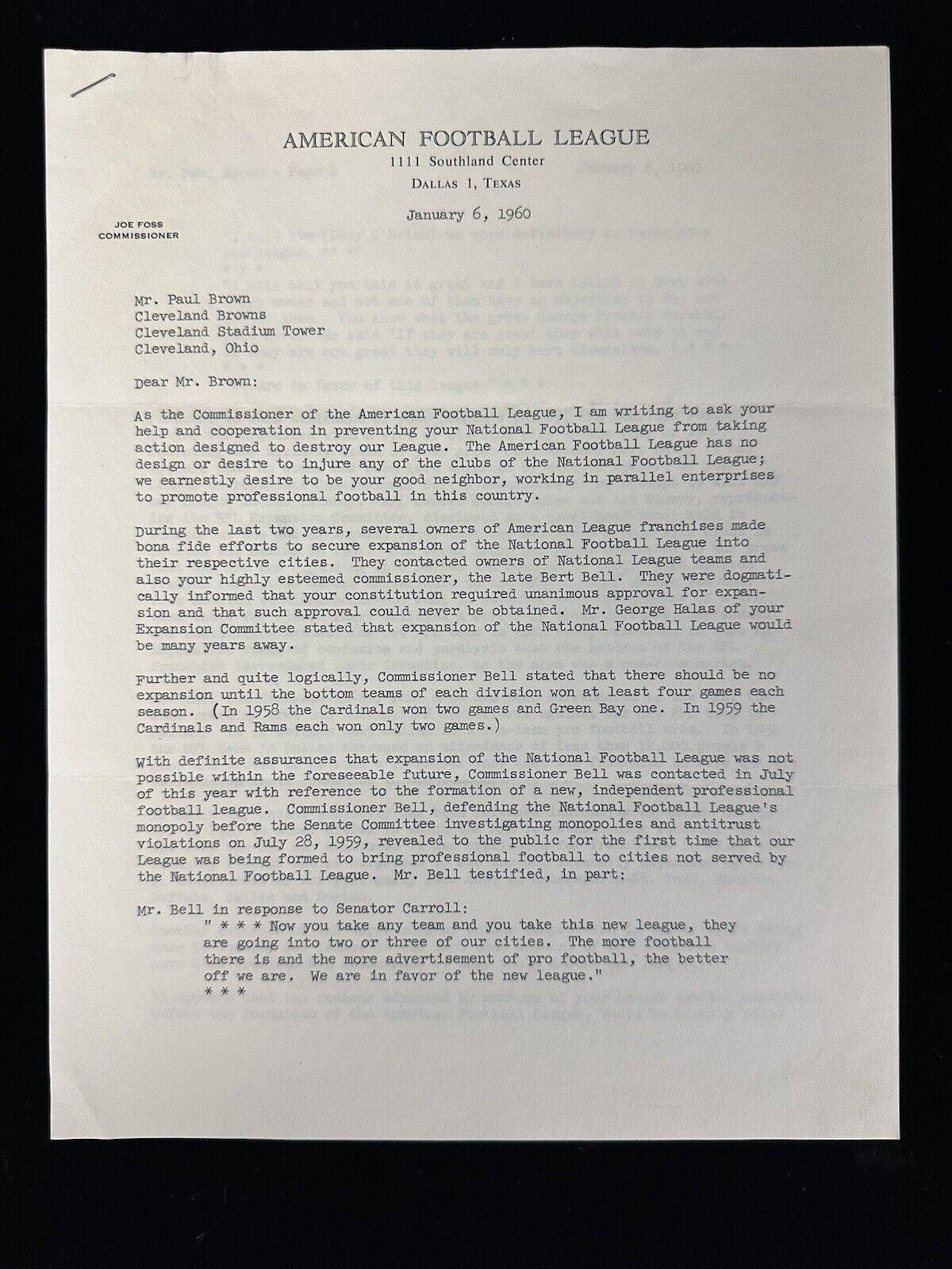 Jan 6 1960 Joe Foss SIGNED AFL 3-Page Letter to NFL Paul Brown re Destroying AFL