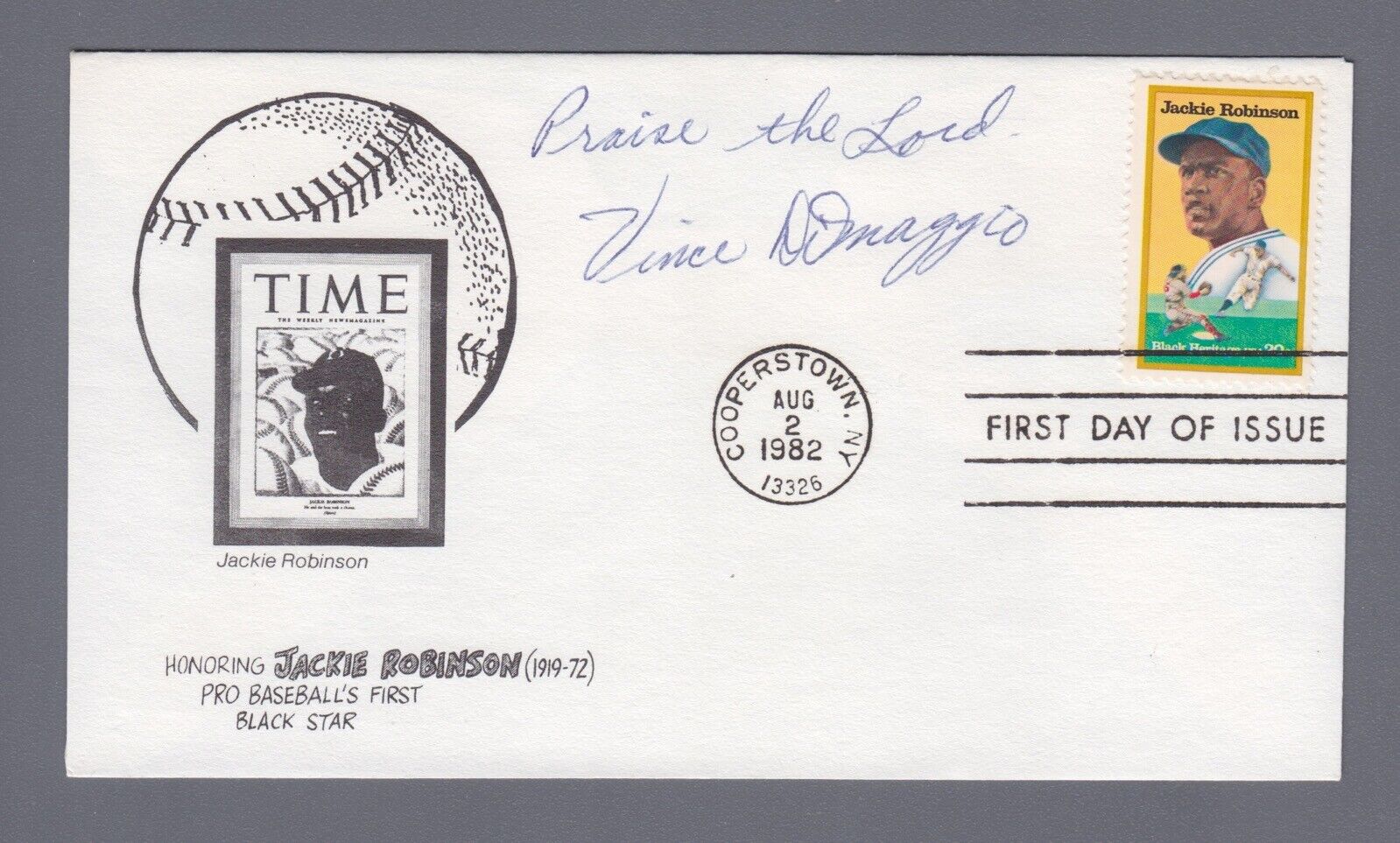 Signed First Day Cover 8/2/82 Cachet Vince DiMaggio Auto with B&E Hologram 2