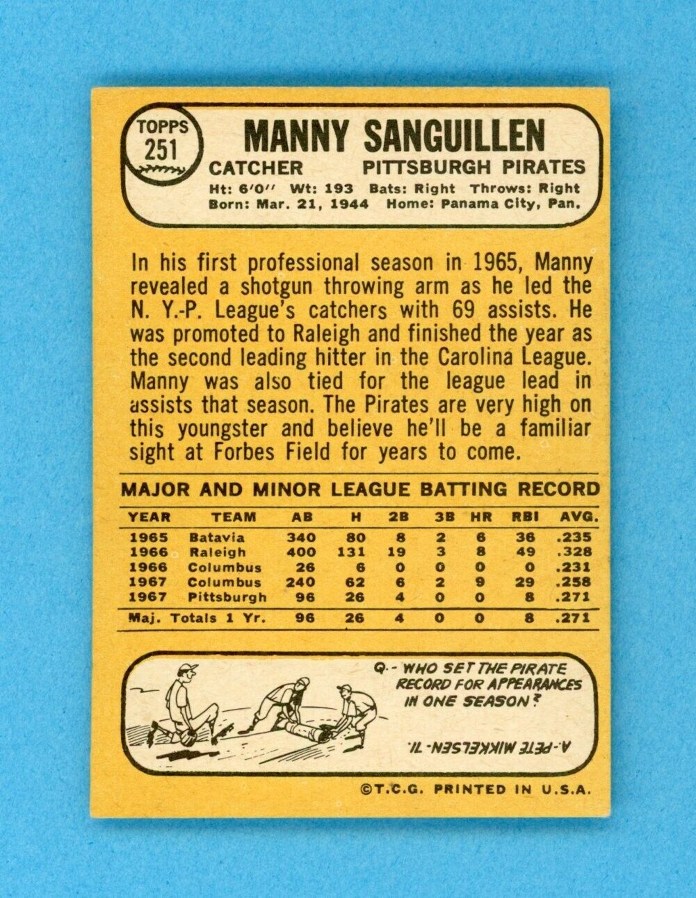 1968 Topps #251 Manny Sanguillen Pitts Pirates Rookie Baseball Card EX - EX+