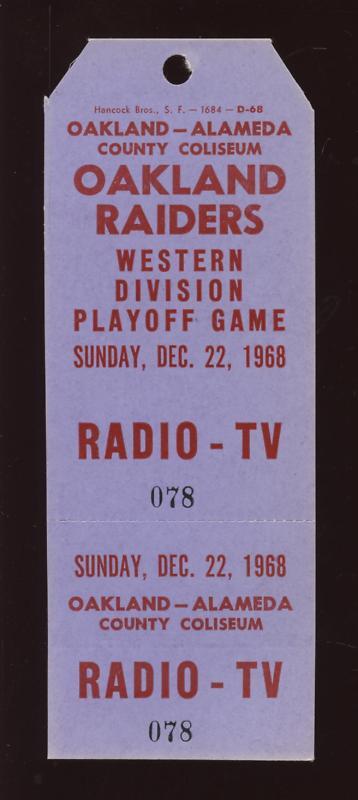 1968 Western Division Playoff Game @ Oakland Raiders Radio & TV Pass NM