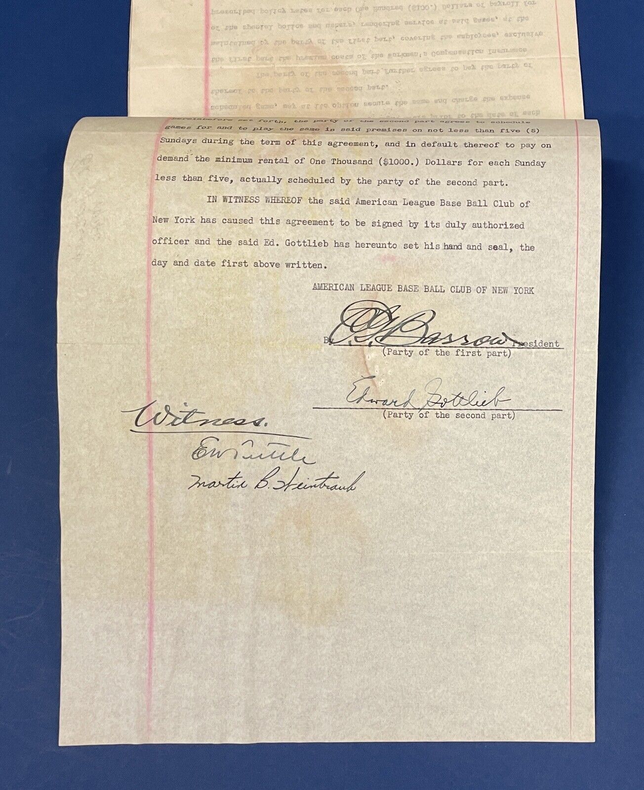 1940 Negro National League Agreement to use Yankee Stadium Signed by Ed Barrow