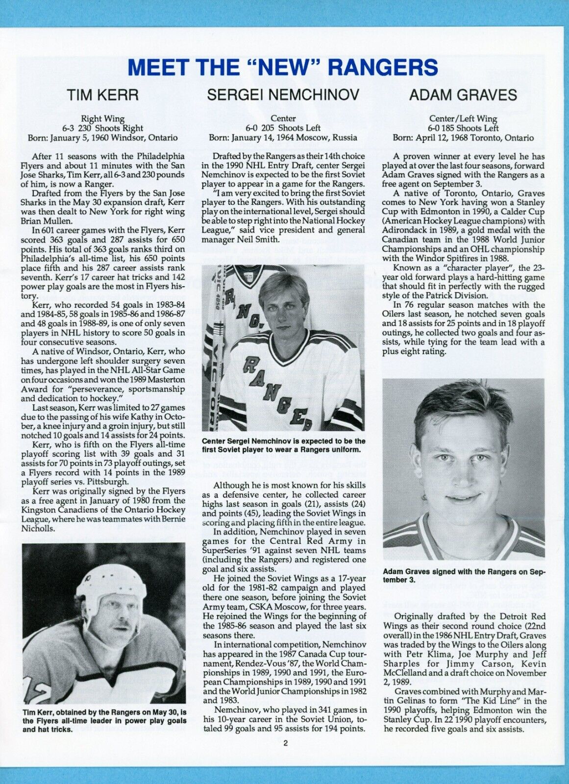 Fall, 1991 New York Rangers Newsletter Marv Albert, James Patrick, Mike Gartner