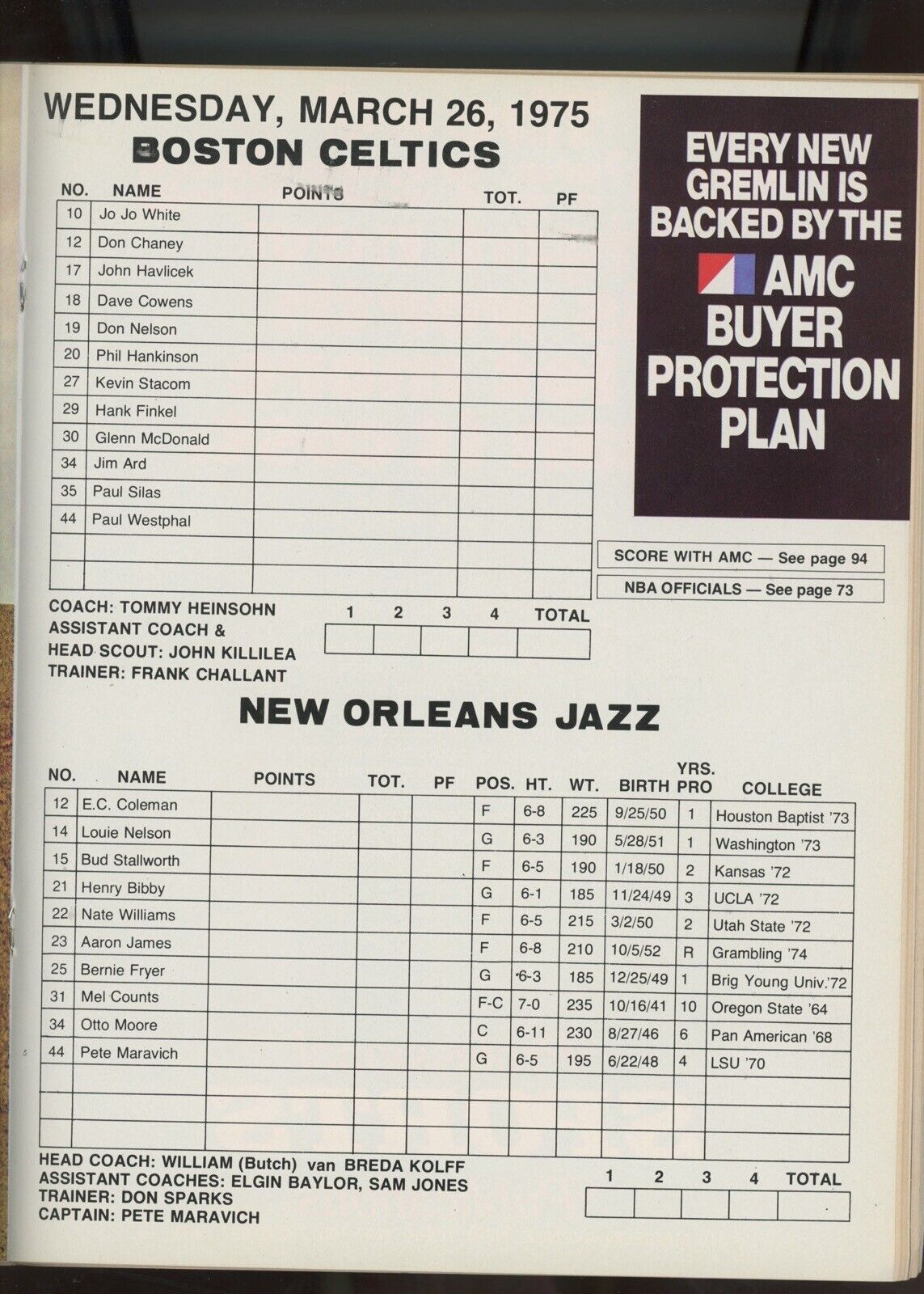 3/26/75 New Orleans Jazz vs Boston Celtics @ Boston Garden Game Program Jo White