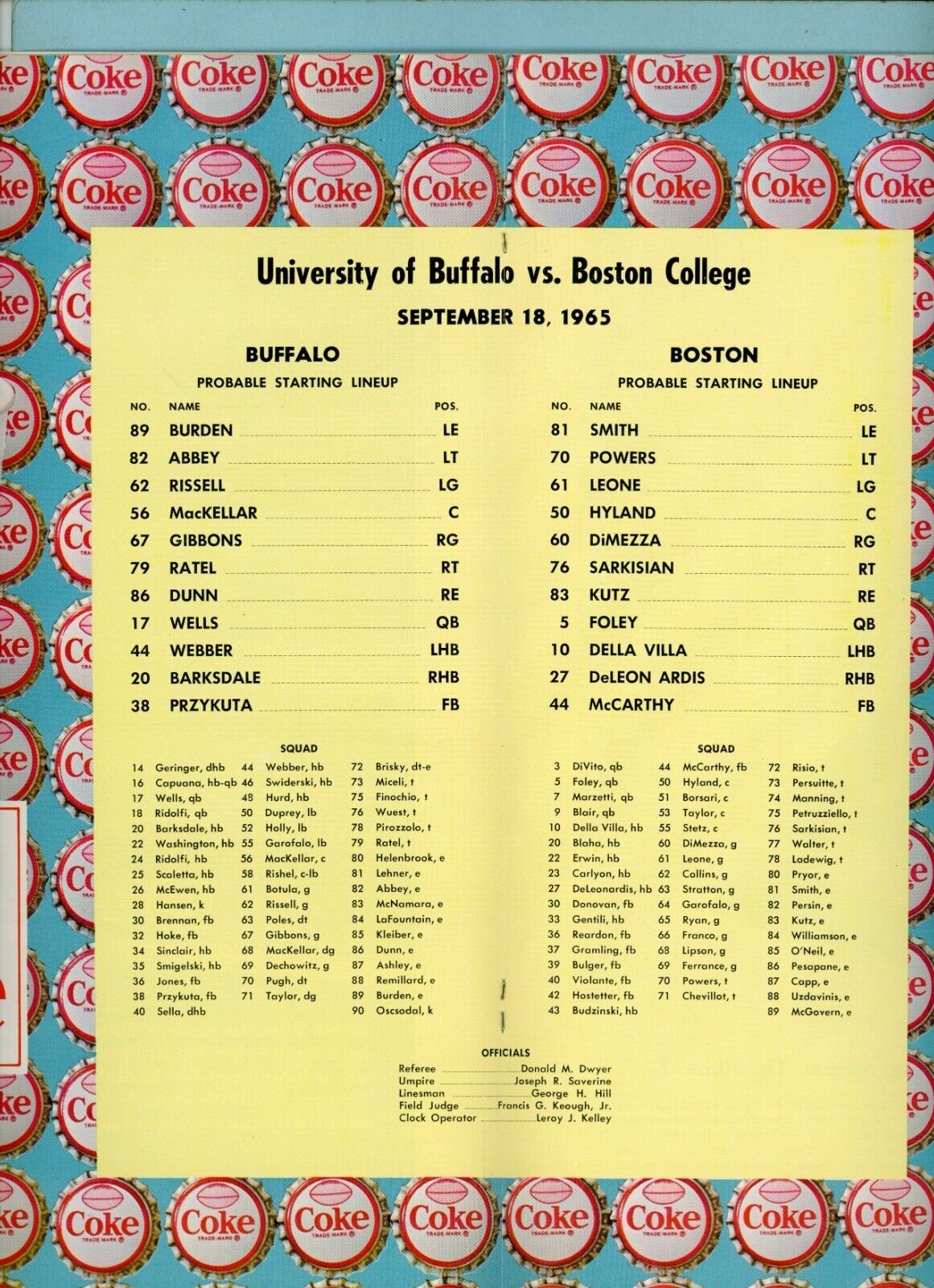 September 18, 1965 Buffalo vs Boston College at Alumni Stadium Football Program