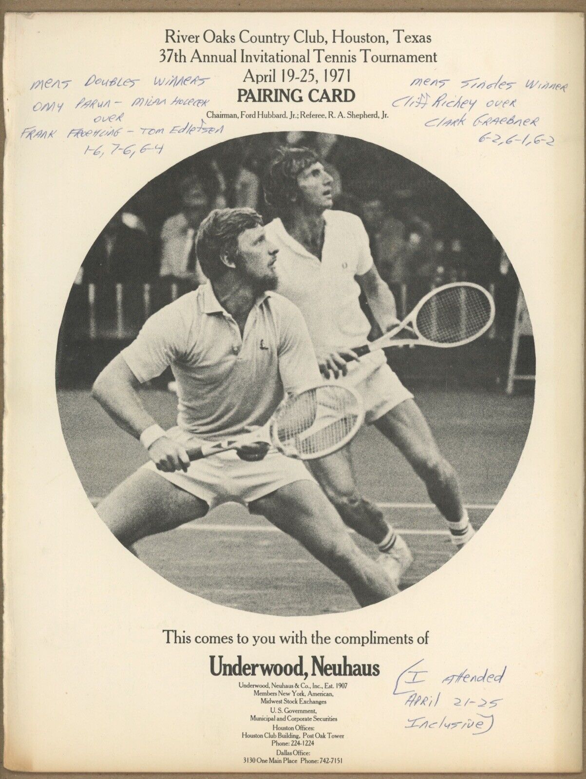 April 1971 River Oaks Tennis Tournament Program with Insert Pairing Card