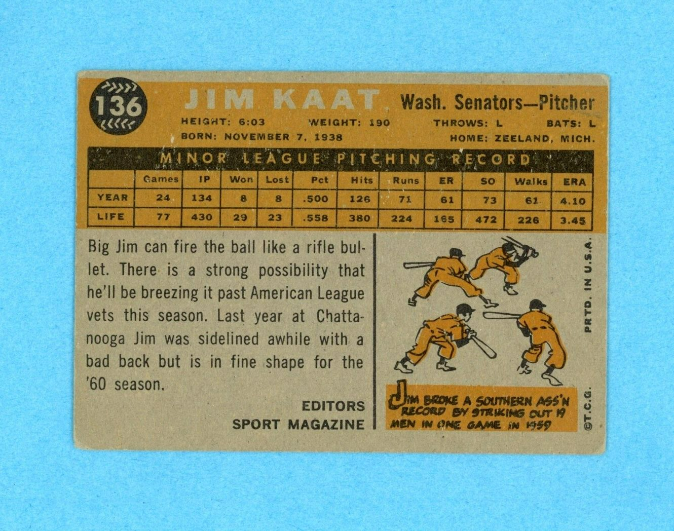 1960 Topps #136 Jim Kaat Washington Senators Rookie Baseball Card VG - VG+