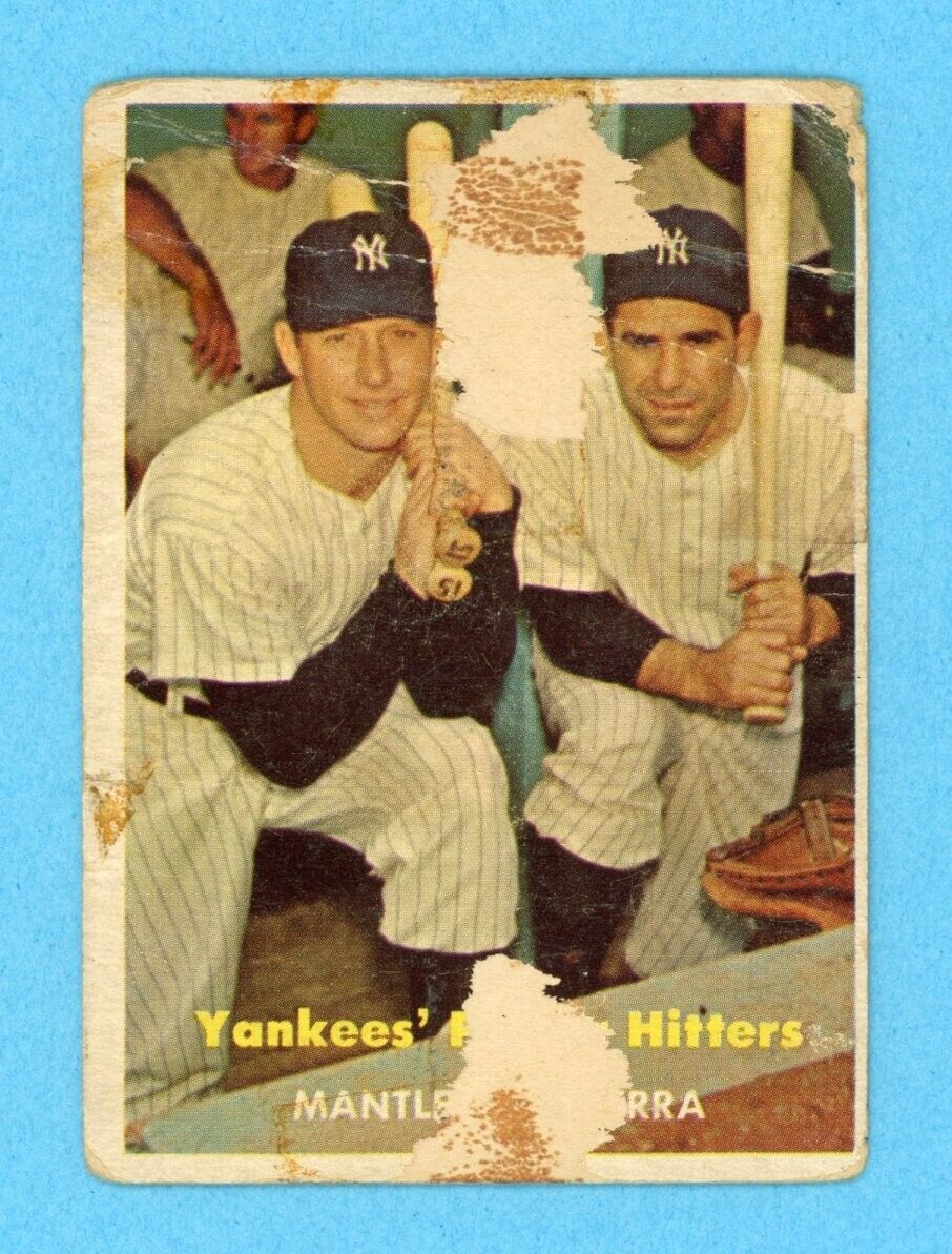 1957 Topps #407 Yankees Power Hitters Mantle - Berra Baseball Card Low Grade