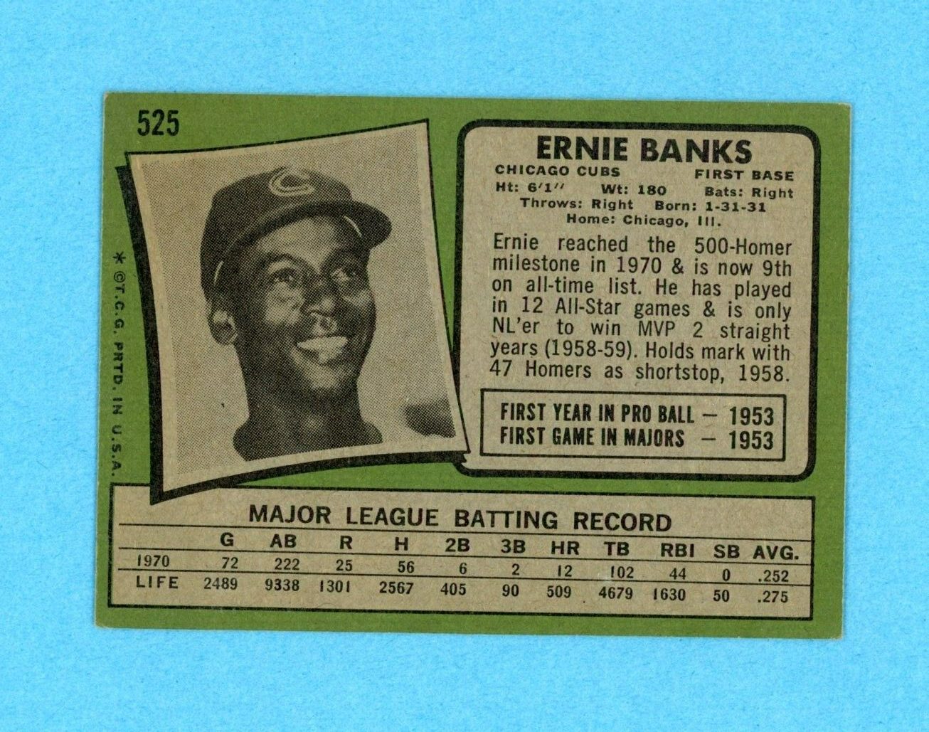 1971 Topps #525 Ernie Banks Chicago Cubs Semi-High Number Baseball Card EX