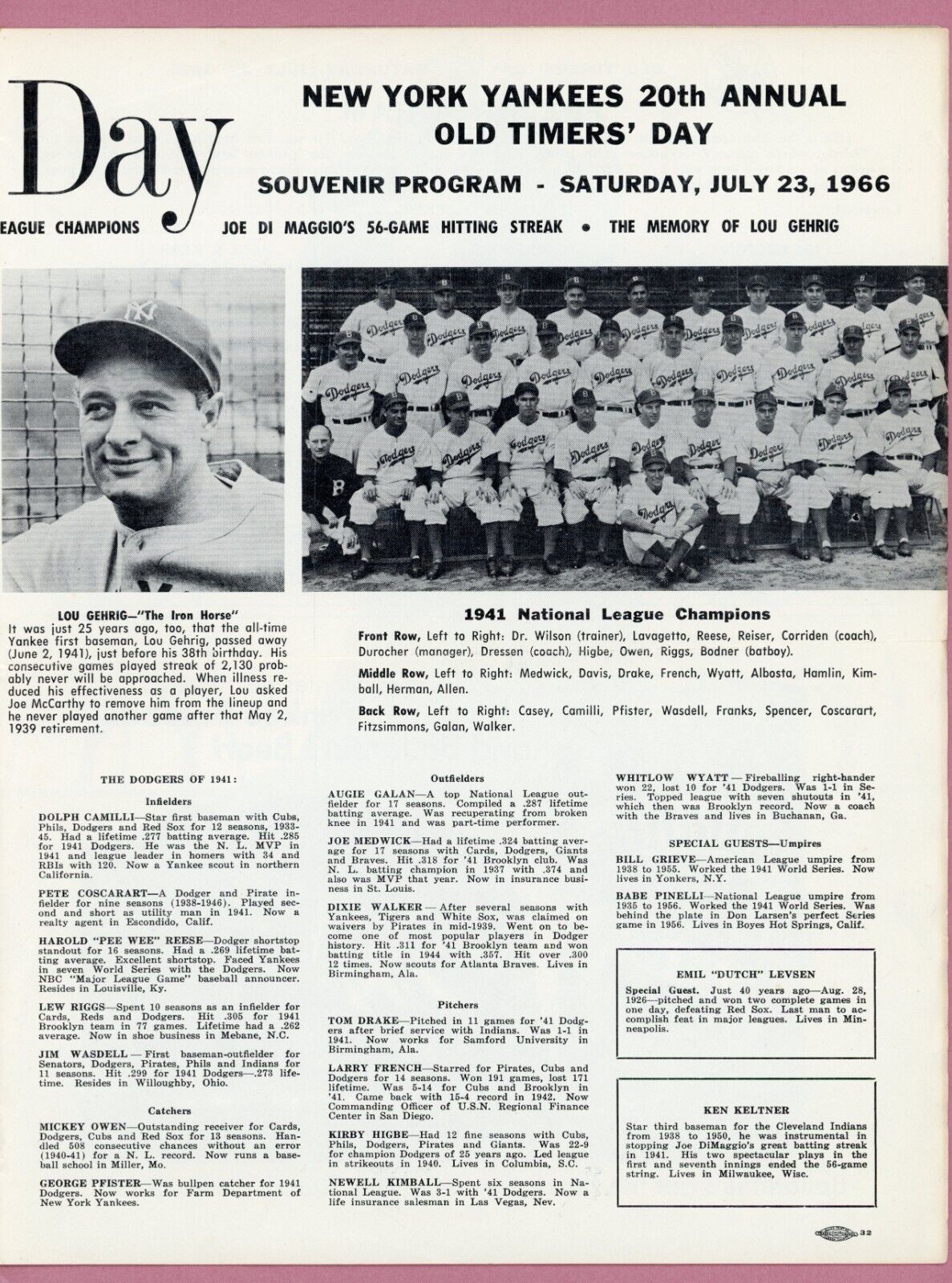 July 23, 1966 New York Yankees 20th Annual Old Timers Day 4 page Program