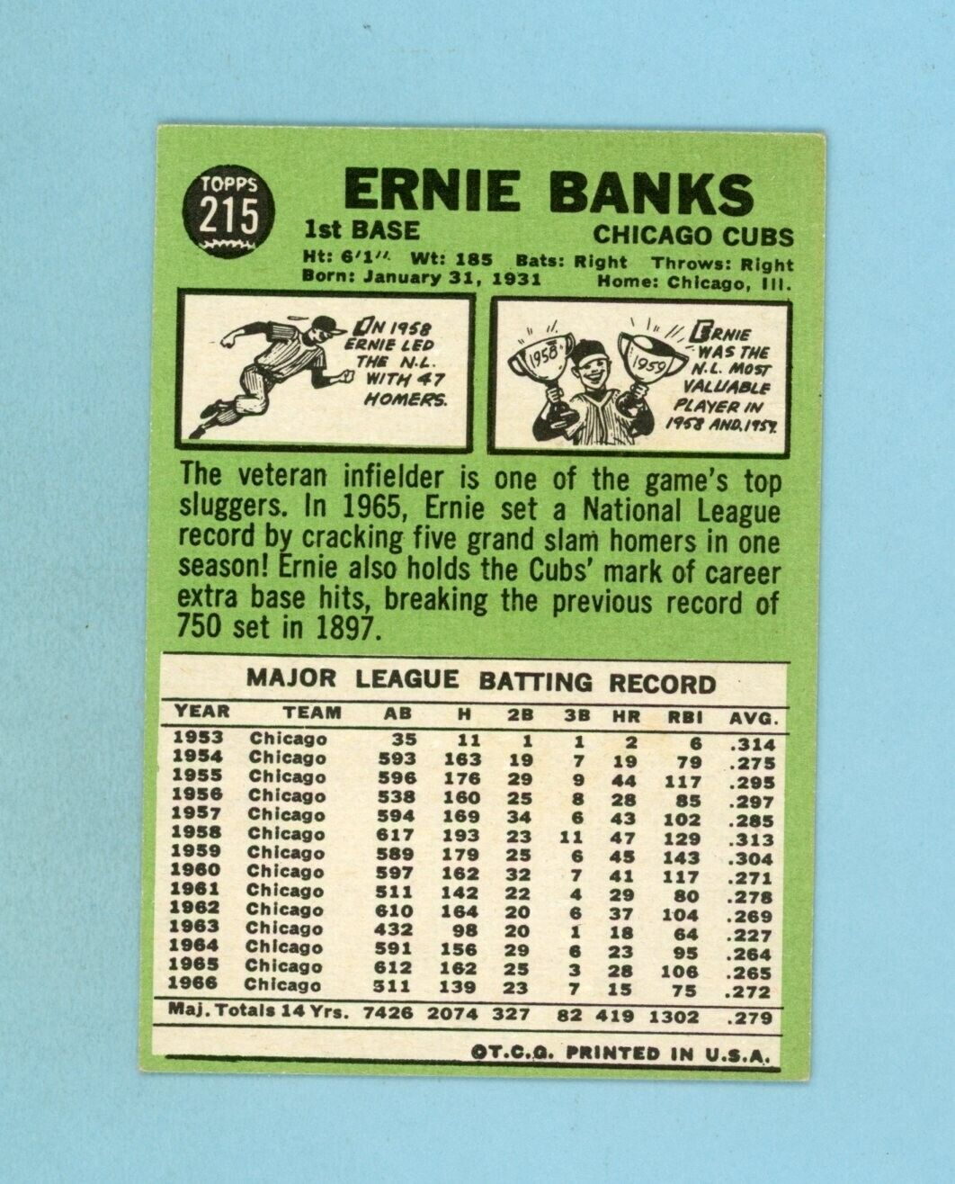 1967 Topps #215 Ernie Banks Chicago Cubs Baseball Card EX+-EX++