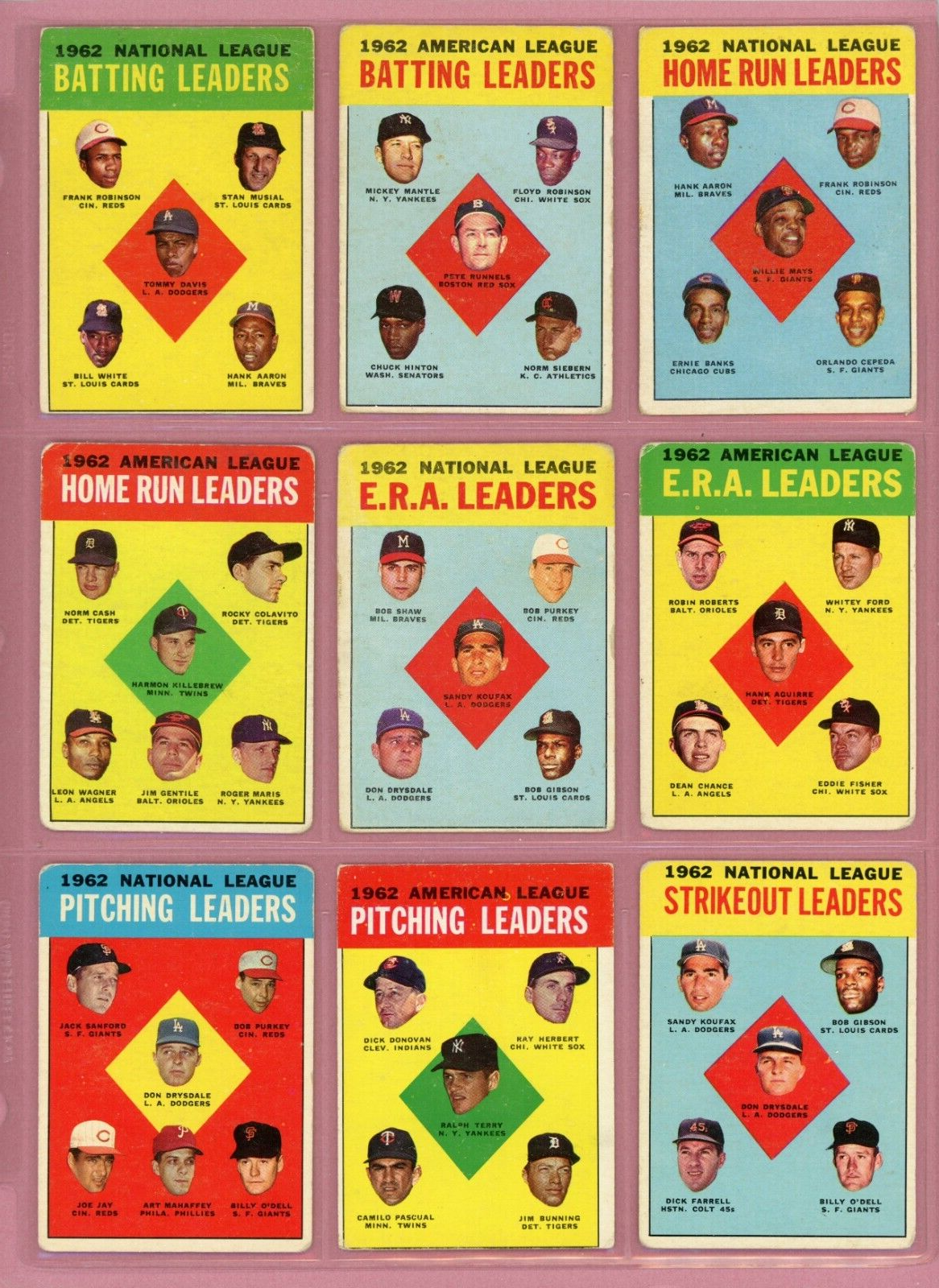 1963 Topps Set of 10 1962 League Leader Baseball Cards Low Grade - VG